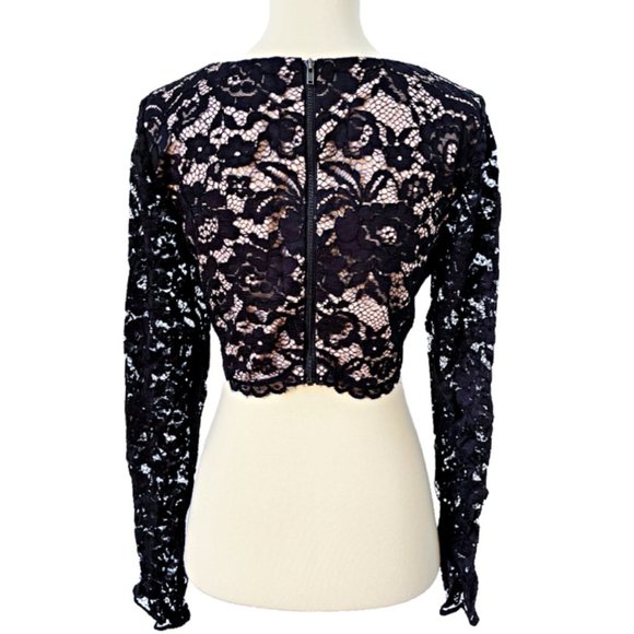 Black Lace Lined Crop Top with Long Unlined Lace Sleeves in size 10 - Picture 2 of 2